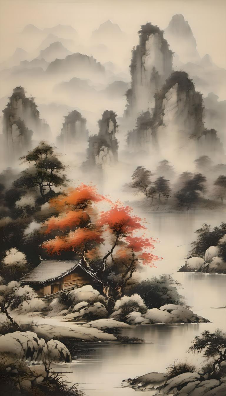 中国絵画,中国絵画, 自然, 風景, 人間がいない, 景色, 木, 山, 建築, 東アジアの建築, 水, 屋外, 霧, 風景, ロック, 自然