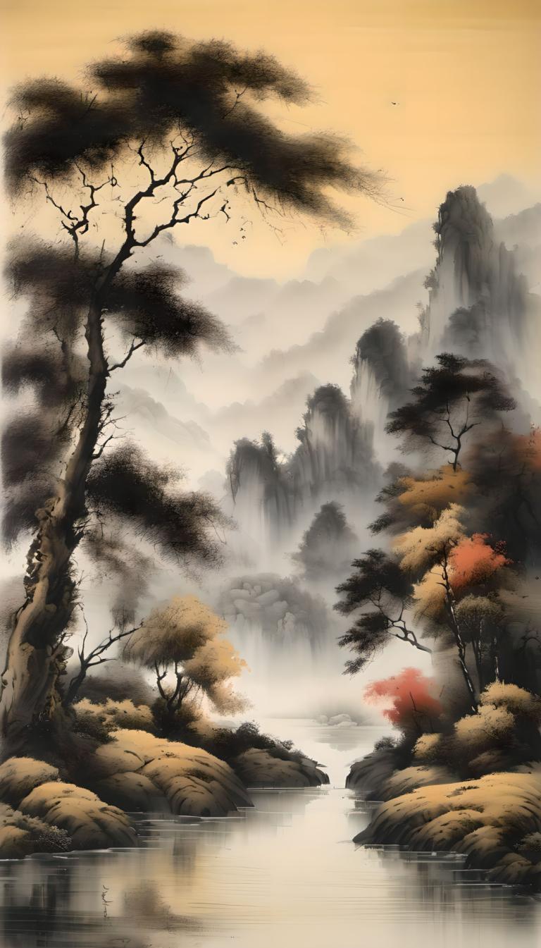 Chinesische Gemälde,Chinesische Gemälde, Natur, Landschaft, keine Menschen, Baum, Landschaft, Wasser, draußen