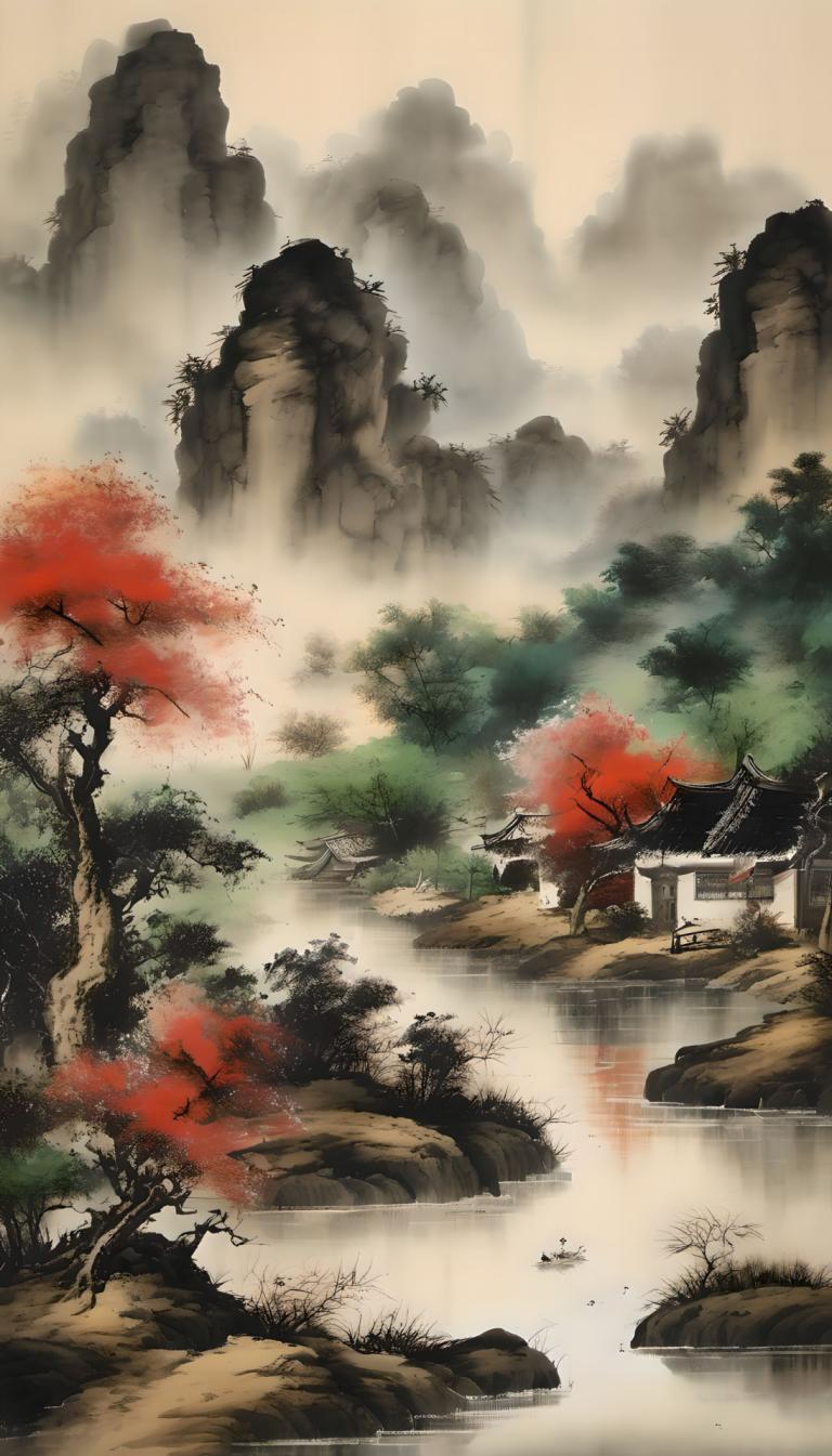 Chinesische Gemälde,Chinesische Gemälde, Natur, Landschaft, Landschaft, Baum, keine Menschen, die Architektur