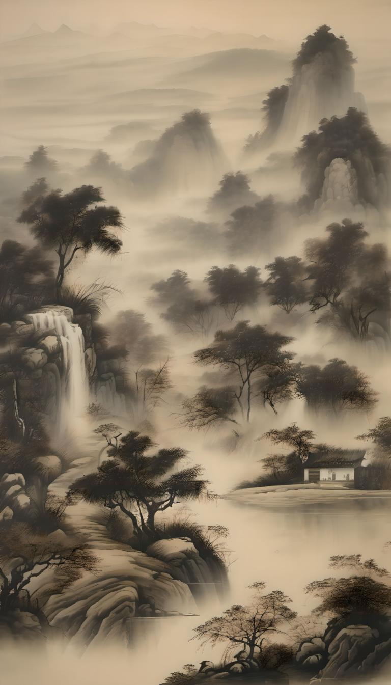 Chinese Paintings,Chinese Paintings, Nature, landscape, no humans, tree, scenery, waterfall, monochrome