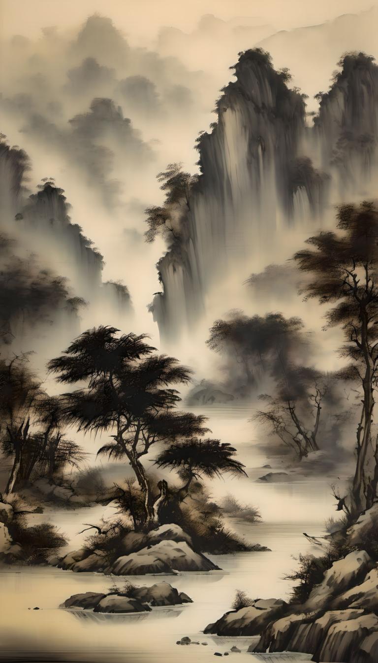 Chinese Paintings,Chinese Paintings, Nature, landscape, tree, scenery, water, nature, no humans, monochrome