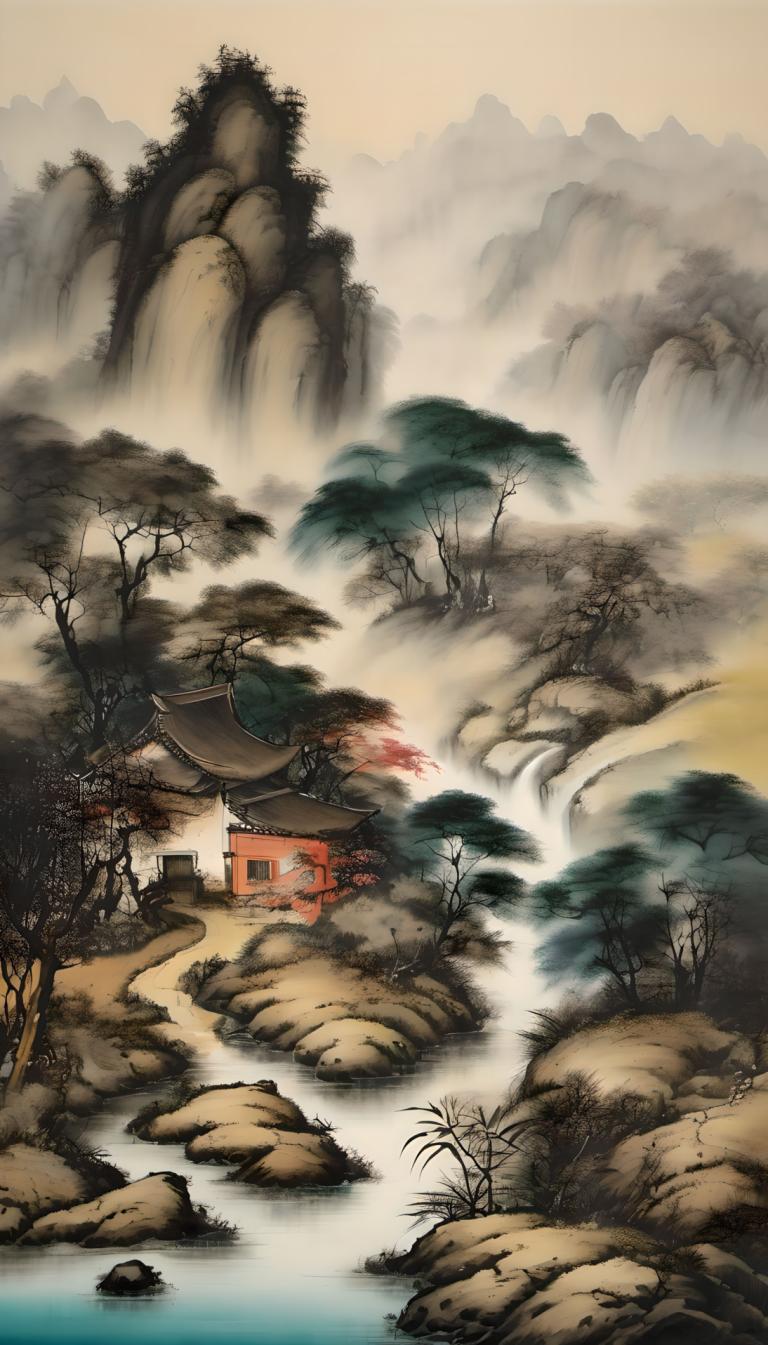 Chinese Paintings,Chinese Paintings, Nature, landscape, no humans, tree, scenery, water, nature, waterfall