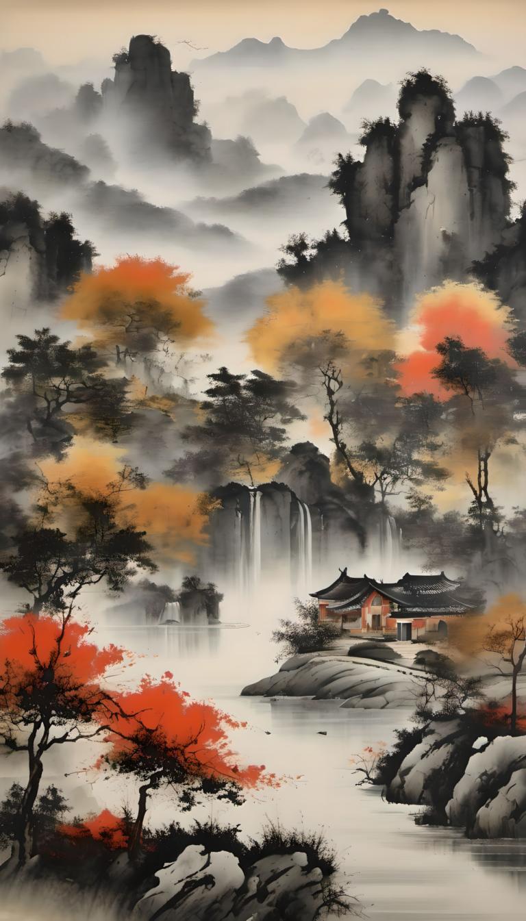 中国絵画,中国絵画, 自然, 風景, 人間がいない, 景色, 木, 滝, 水, 屋外, 建築, 東アジアの建築, 山, 自然, 葉, ロック, 秋, 紅葉, 空