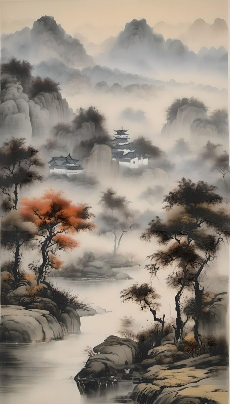 中国絵画,中国絵画, 自然, 風景, 人間がいない, 景色, 木, 山, 屋外, 建築, 霧, 東アジアの建築, 水, 川, 風景, 空, ロック, 自然