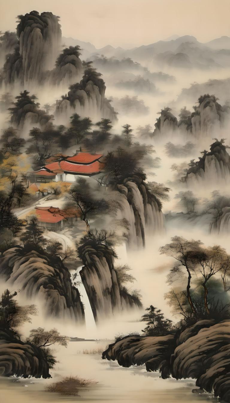 Chinesische Gemälde,Chinesische Gemälde, Natur, Landschaft, keine Menschen, Landschaft, Wasserfall, Baum