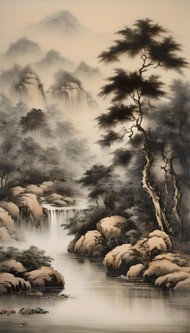 Chinesische Gemälde,Chinesische Gemälde, Natur, Landschaft, keine Menschen, Wasserfall, Baum, Landschaft