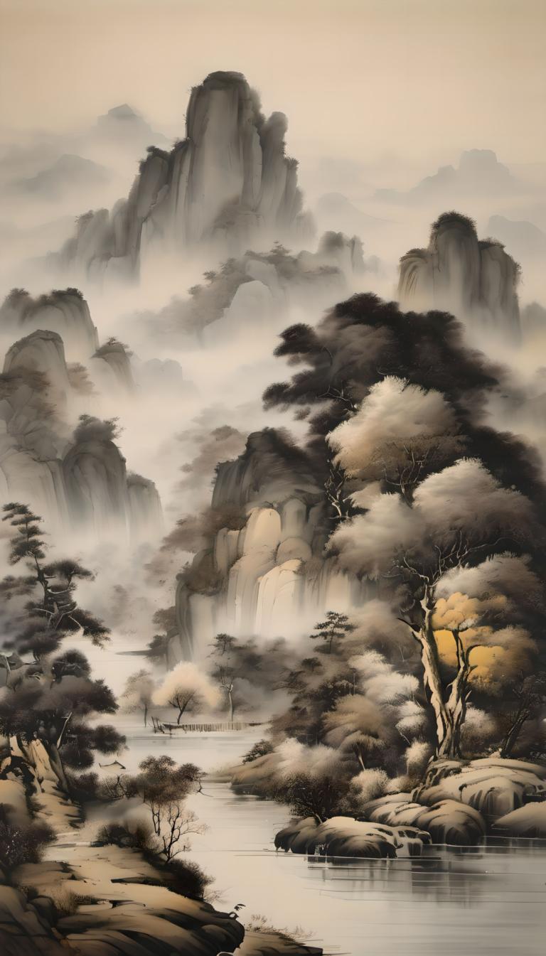 Chinesische Gemälde,Chinesische Gemälde, Natur, Landschaft, keine Menschen, Baum, Landschaft, Wasser