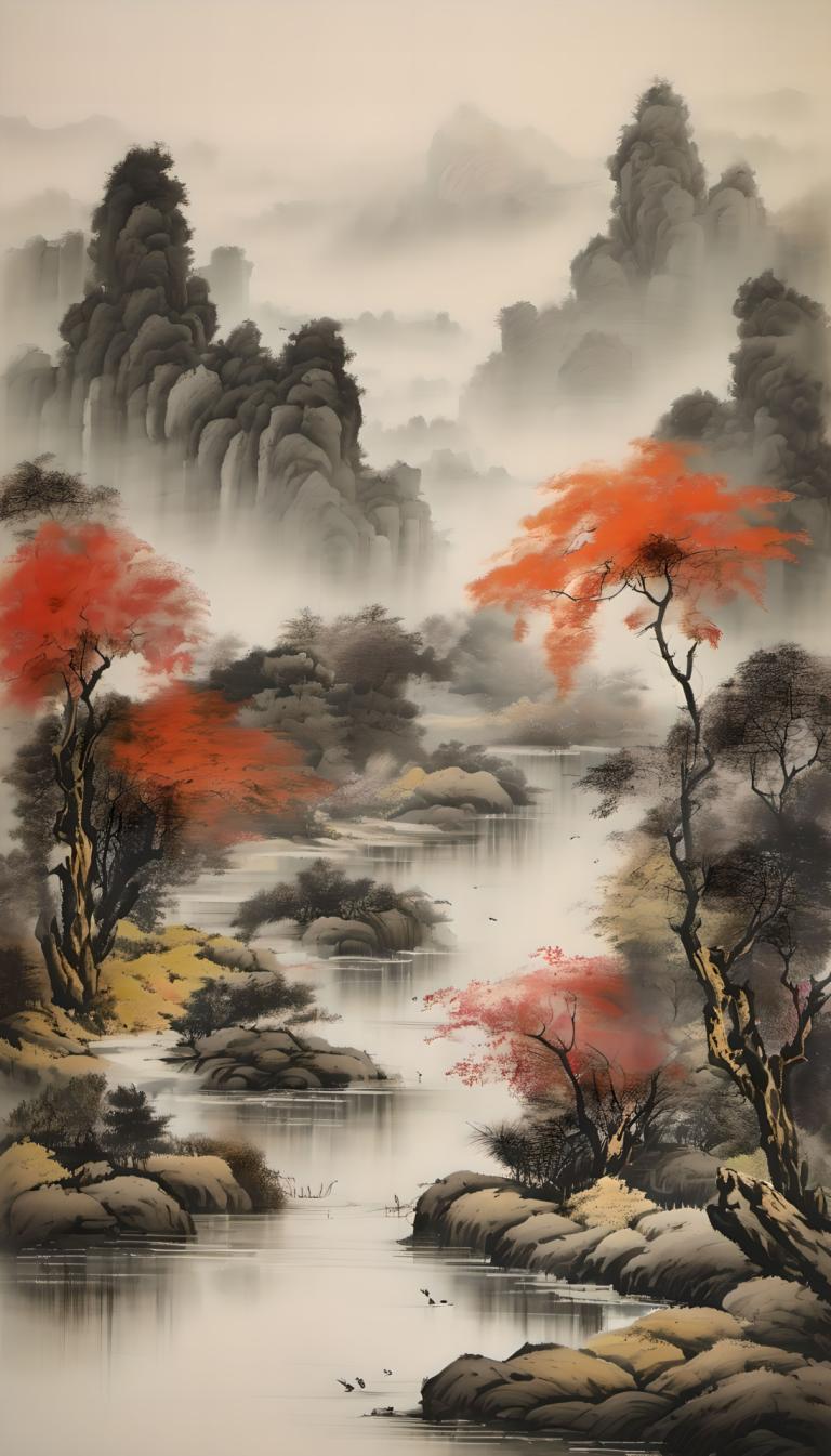 Chinesische Gemälde,Chinesische Gemälde, Natur, Landschaft, keine Menschen, Baum, Landschaft, Wasser