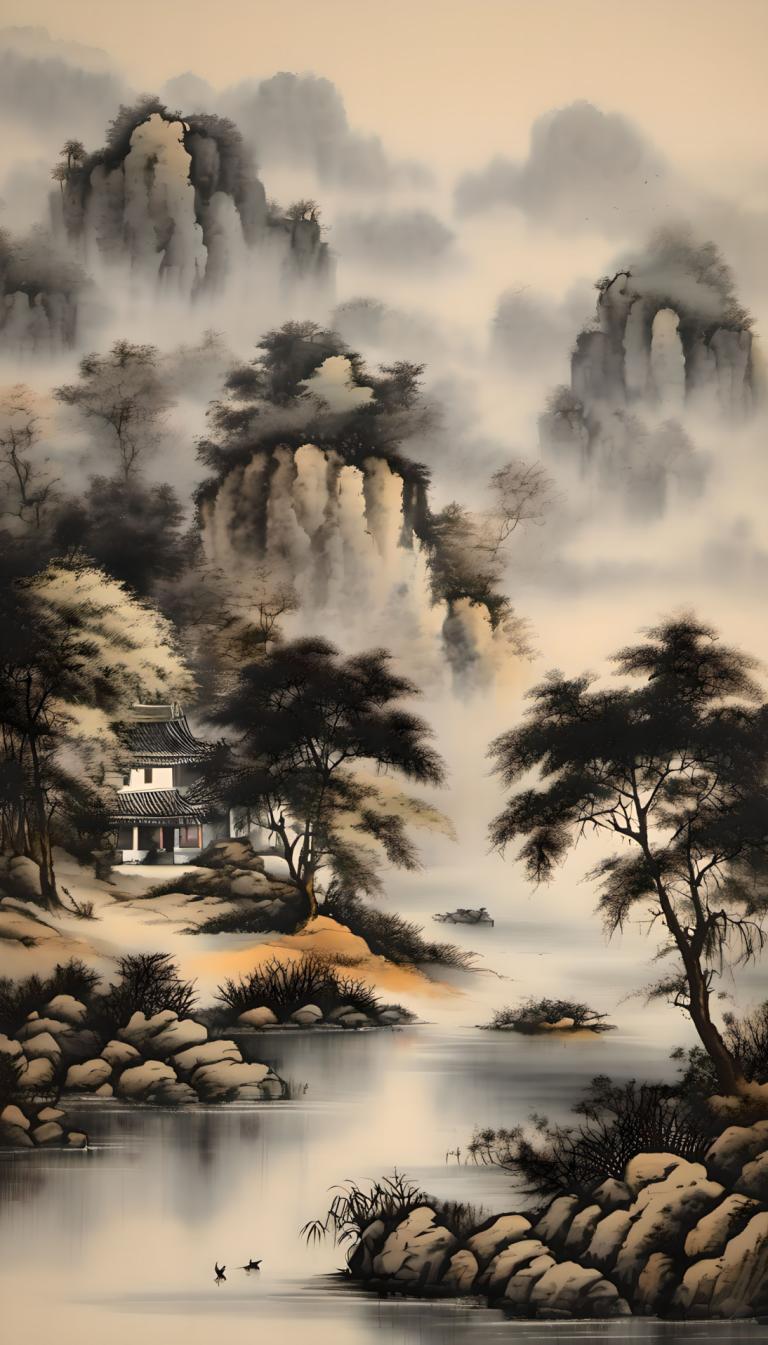 Chinesische Gemälde,Chinesische Gemälde, Natur, Landschaft, Baum, Landschaft, Wasser, Natur, Fluss