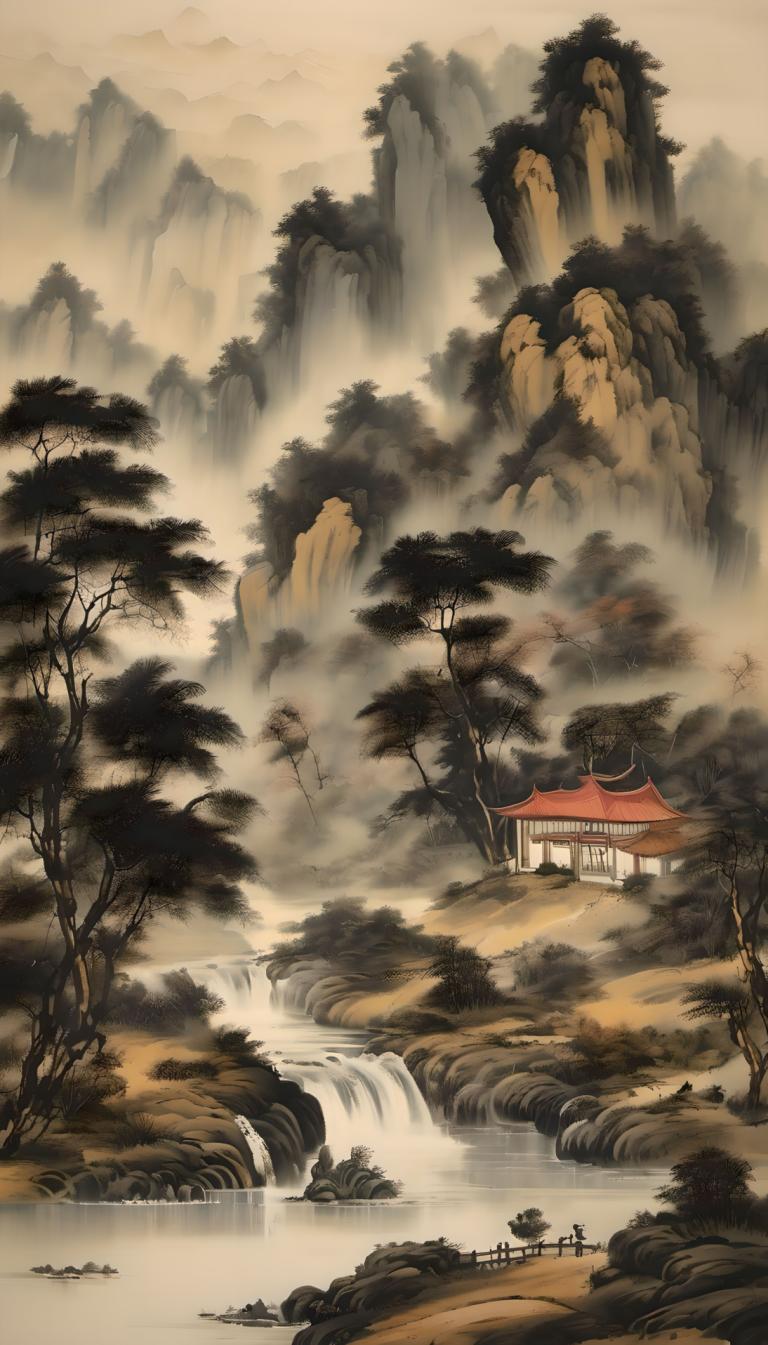 Chinesische Gemälde,Chinesische Gemälde, Natur, Landschaft, Baum, Landschaft, Wasser, Natur, Wasserfall, Wald