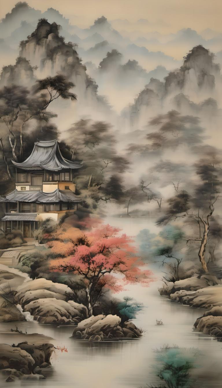 Chinese Paintings,Chinese Paintings, Nature, landscape, no humans, tree, scenery, east asian architecture