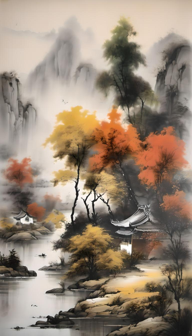 Chinesische Gemälde,Chinesische Gemälde, Natur, Landschaft, keine Menschen, Baum, Landschaft, die Architektur