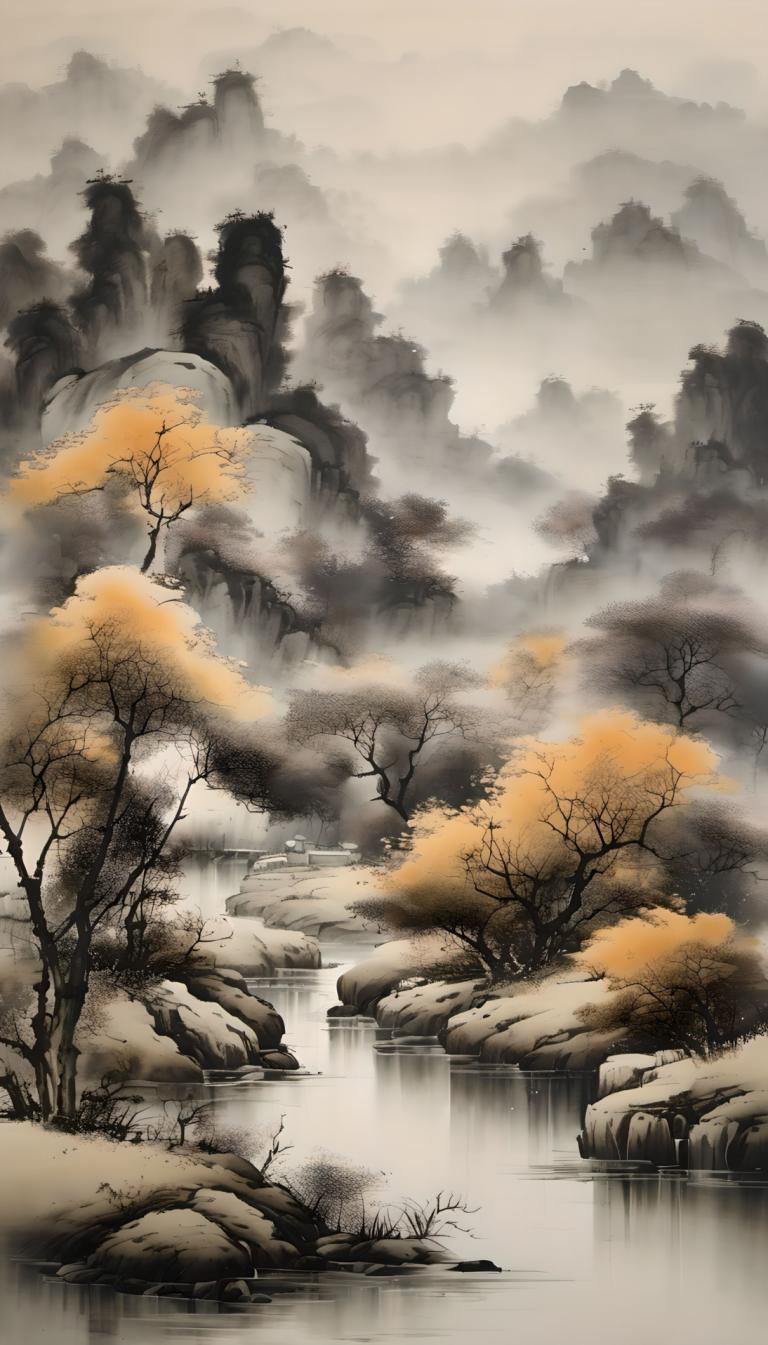 Chinese Paintings,Chinese Paintings, Nature, landscape, no humans, tree, scenery, waterfall, water, outdoors