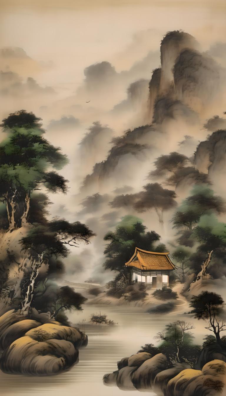 Chinese Paintings,Chinese Paintings, Nature, landscape, no humans, scenery, tree, outdoors, cloud, nature