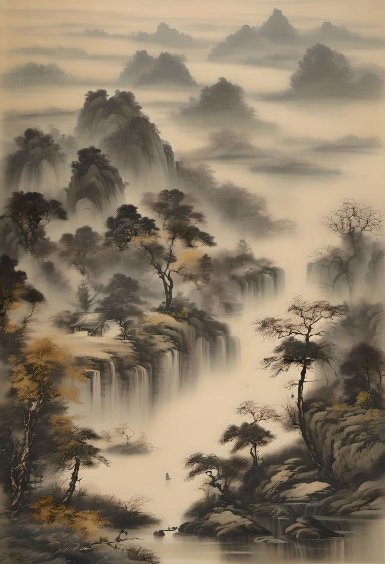 Chinesische Gemälde,Chinesische Gemälde, Natur, Landschaft, Landschaft, Baum, Wasser, Natur, Wasserfall