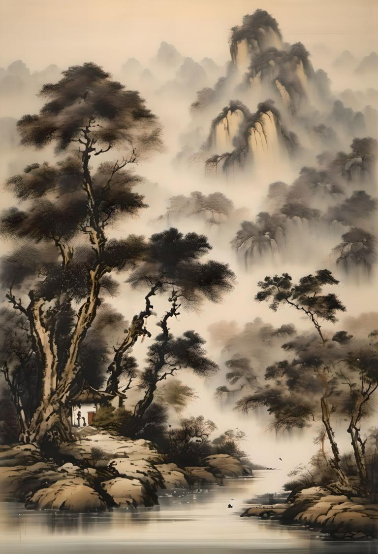 Chinese Paintings,Chinese Paintings, Nature, landscape, no humans, tree, scenery, water, nature, waterfall