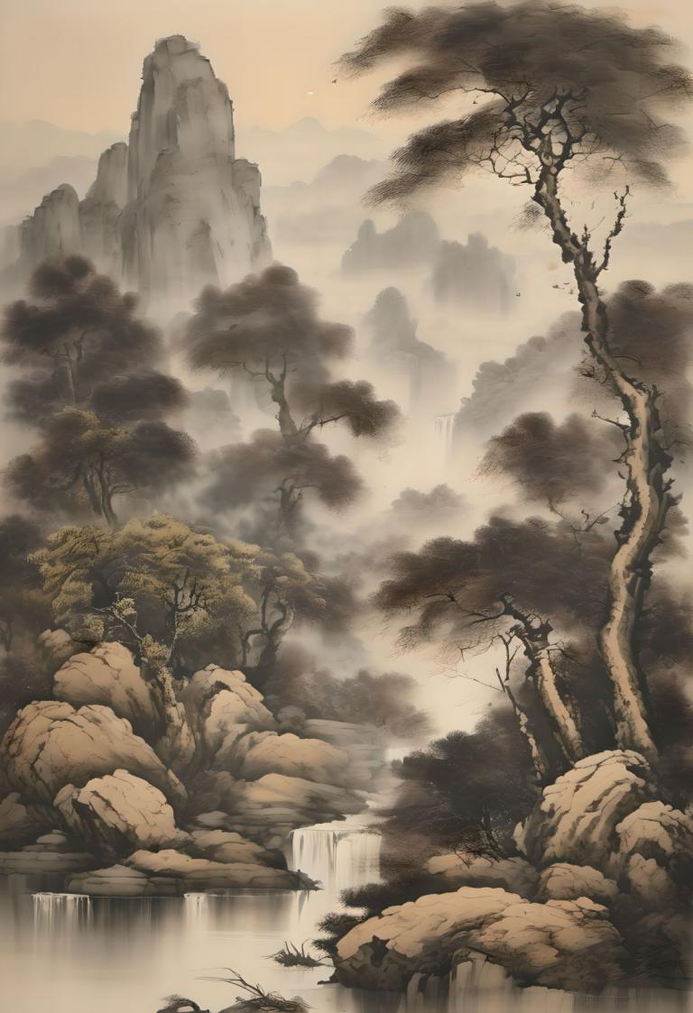 Chinese Paintings,Chinese Paintings, Nature, landscape, no humans, tree, scenery, water, waterfall, nature