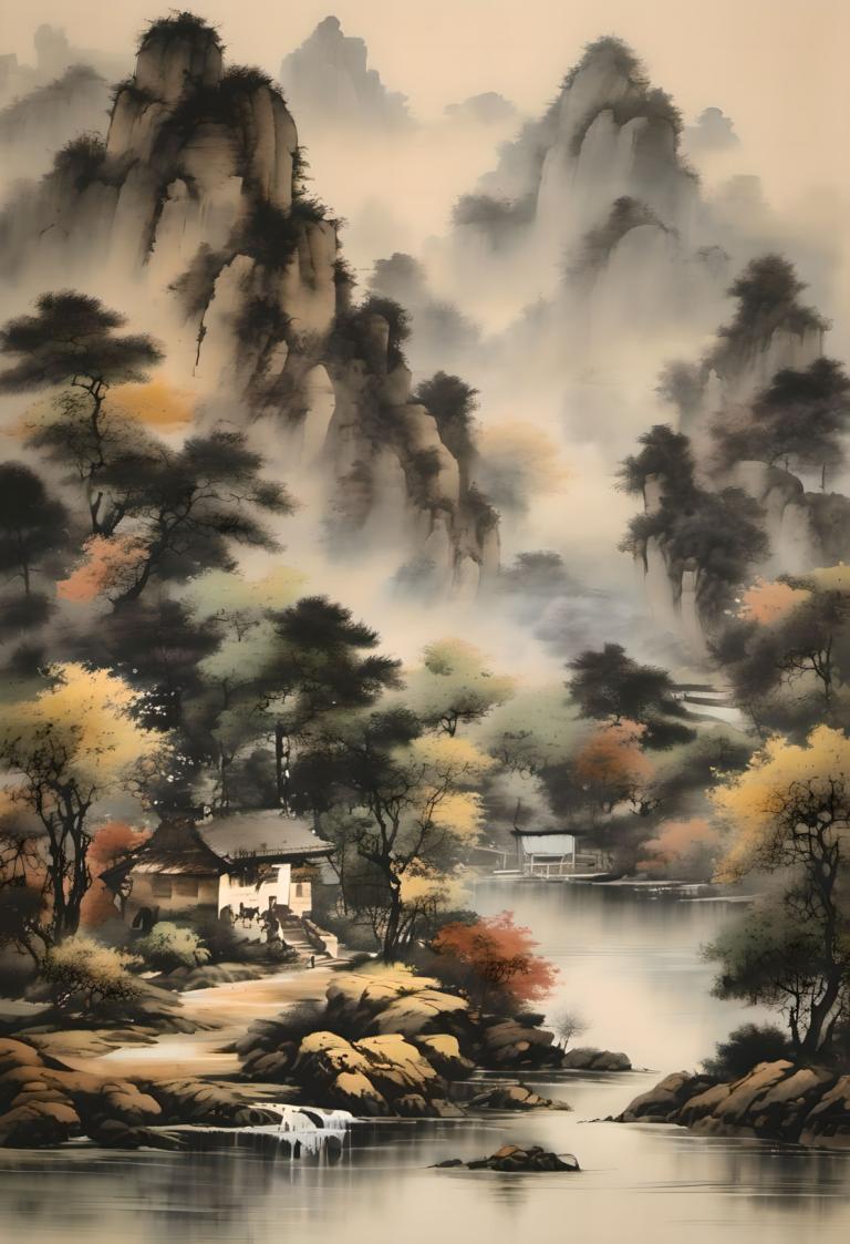 Chinese Paintings,Chinese Paintings, Nature, landscape, scenery, tree, no humans, water, outdoors, waterfall