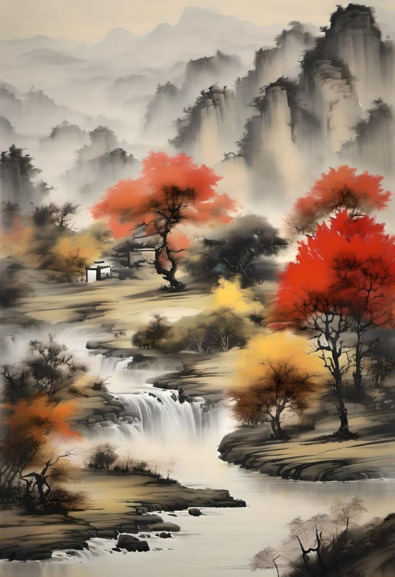 Chinese Paintings,Chinese Paintings, Nature, landscape, no humans, tree, scenery, water, waterfall, outdoors