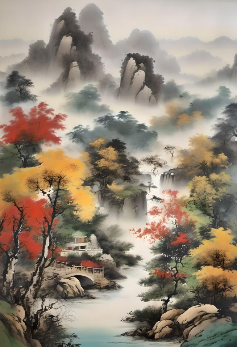 国画,国画, 自然, 风景, 风景, 没有人类, 树, 户外, 水, 瀑布, 山, 自然, 桥, 景观, 河, 建筑学, 秋天的树叶, 多雾路段, 天空, 森林, 叶子