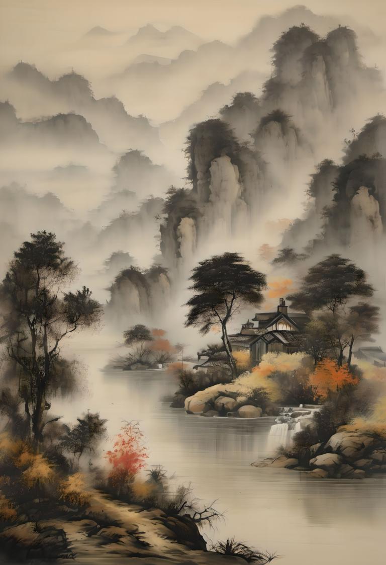 国画,国画, 自然, 风景, 风景, 没有人类, 树, 水, 户外, 山, 建筑学, 自然, 河, 多雾路段, 云, 天空, 瀑布, 景观, 东亚建筑, 湖