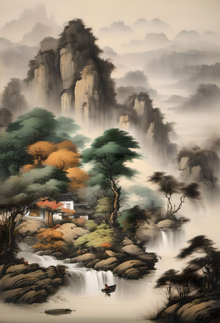 Chinese Paintings,Chinese Paintings, Nature, landscape, tree, waterfall, scenery, water, shameimaru aya