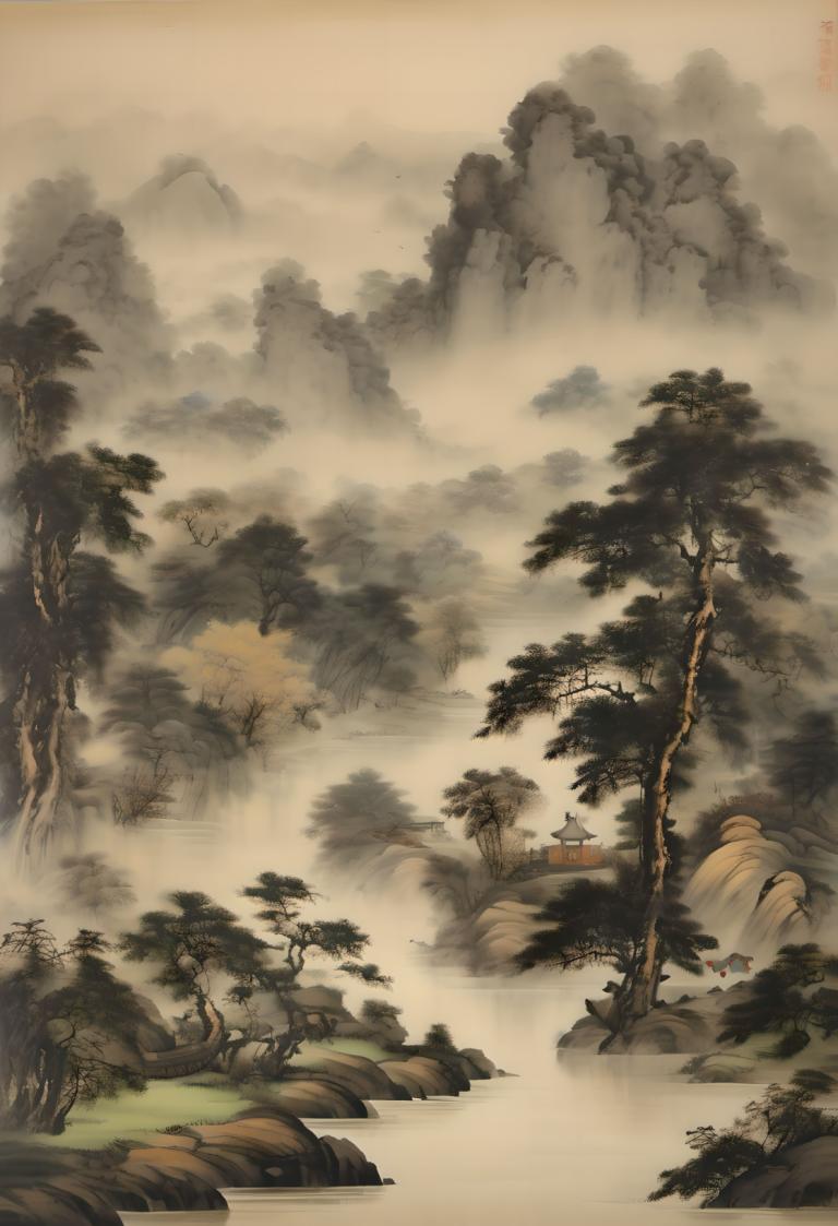 Chinese Paintings,Chinese Paintings, Nature, landscape, tree, no humans, scenery, outdoors, nature, river