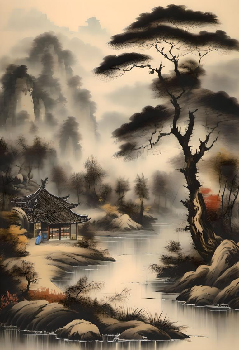 国画,国画, 自然, 风景, 树, 风景, 东亚建筑, 建筑学, 水, 1个女孩, 户外, 独奏, 岩石, 自然, 多雾路段, 河