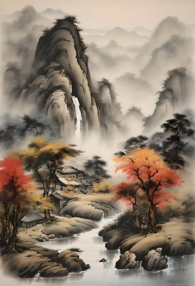 国画,国画, 自然, 风景, 树, 风景, 1个女孩, 水, 瀑布, 自然, 岩石, 山, 独奏, 景观, 户外