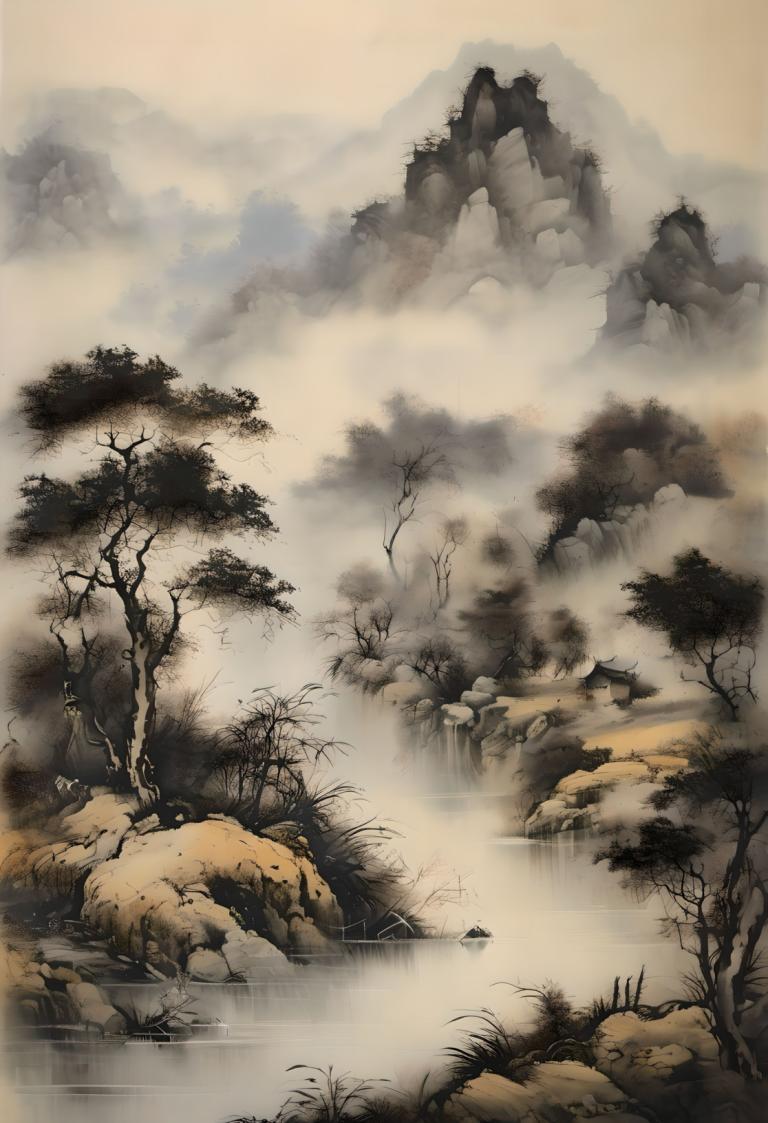 Chinese Paintings,Chinese Paintings, Nature, landscape, no humans, tree, scenery, fog, water, outdoors