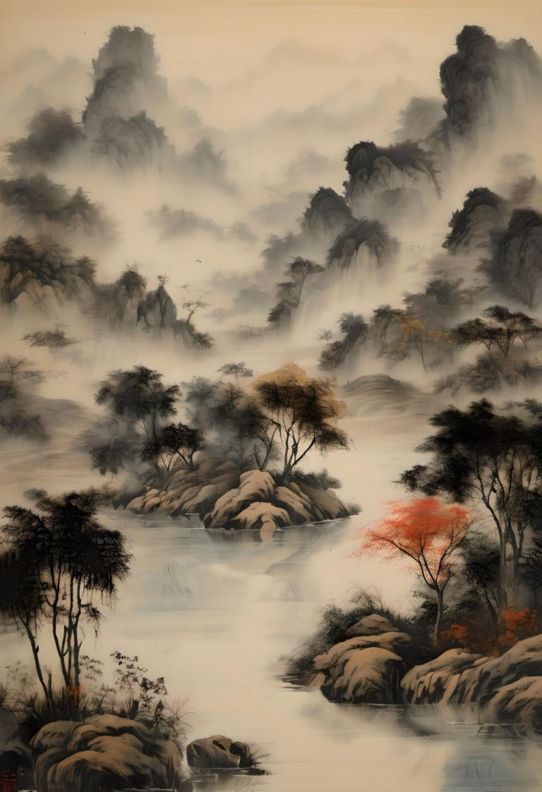 国画,国画, 自然, 风景, 没有人类, 树, 风景, 水, 自然, 山, 户外, 多雾路段, 景观, 河, 天空, 湖, 森林, 云, 岩石