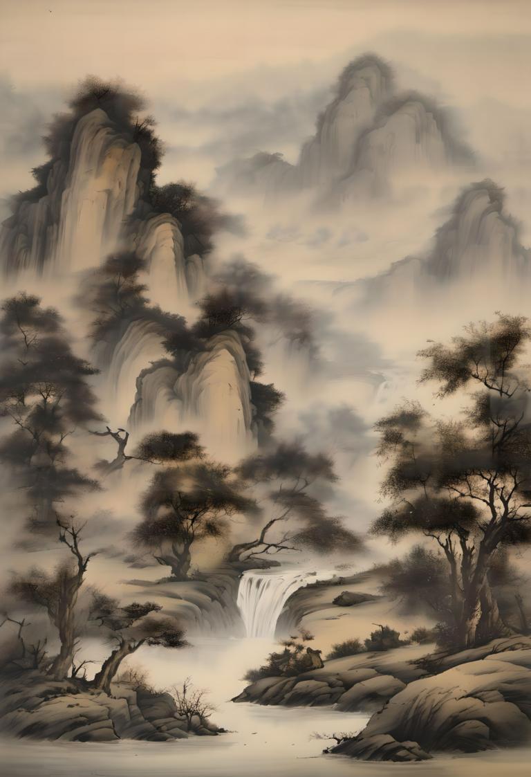 国画,国画, 自然, 风景, 没有人类, 瀑布, 风景, 树, 水, 自然, 户外, 河, 山, 多雾路段, 景观, 森林, 悬崖, 岩石, 云, 天空