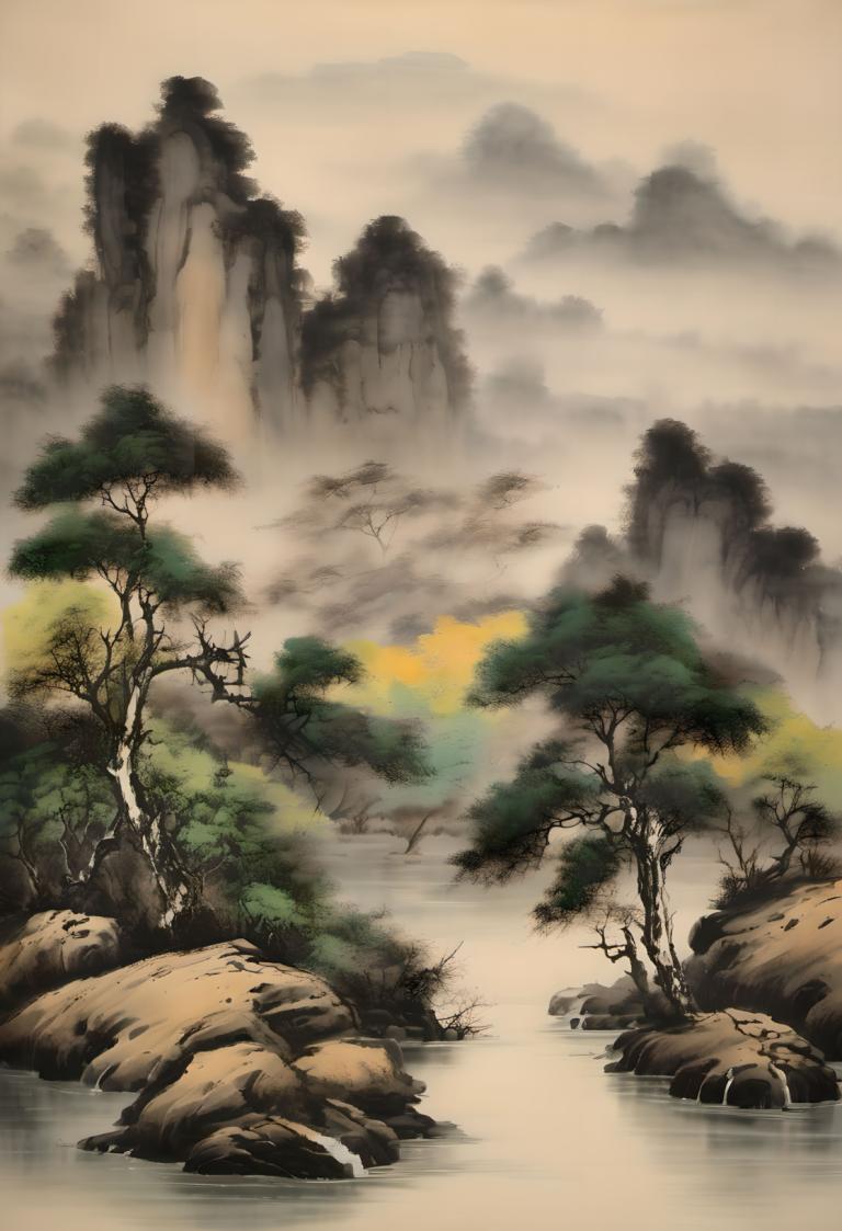 国画,国画, 自然, 风景, 没有人类, 树, 风景, 水, 户外, 瀑布, 云, 自然, 天空, 河, 景观, 山, 多雾路段, 森林