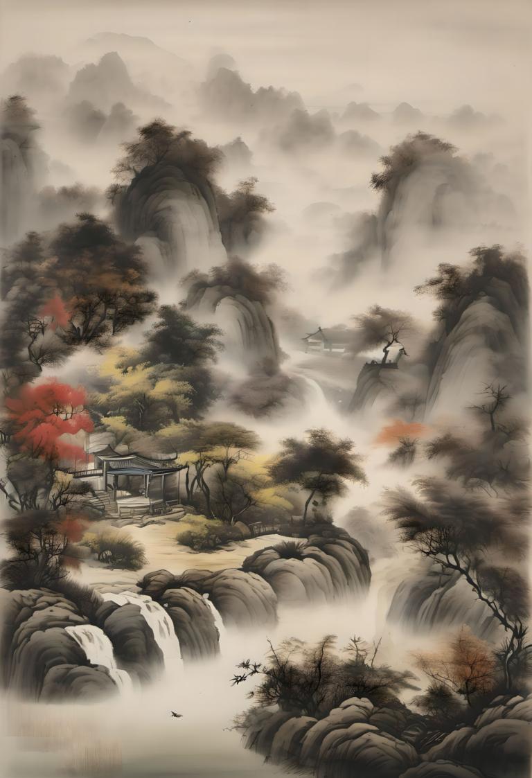 Chinese Paintings,Chinese Paintings, Nature, landscape, scenery, tree, waterfall, shameimaru aya, nature