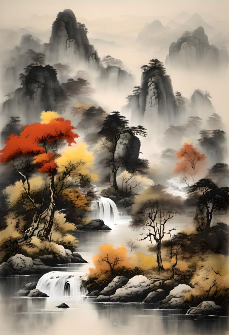 Chinese Paintings,Chinese Paintings, Nature, landscape, waterfall, no humans, tree, water, scenery, outdoors