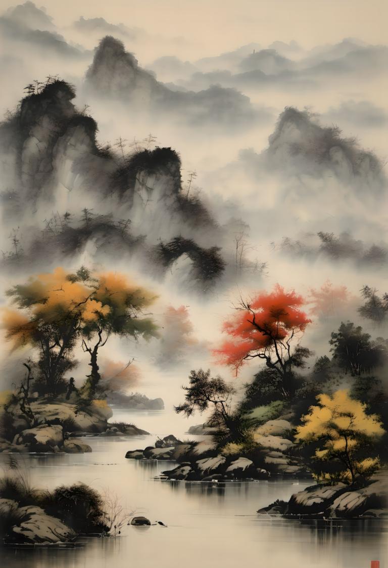 Chinese Paintings,Chinese Paintings, Nature, landscape, no humans, scenery, tree, outdoors, fog, water, cloud