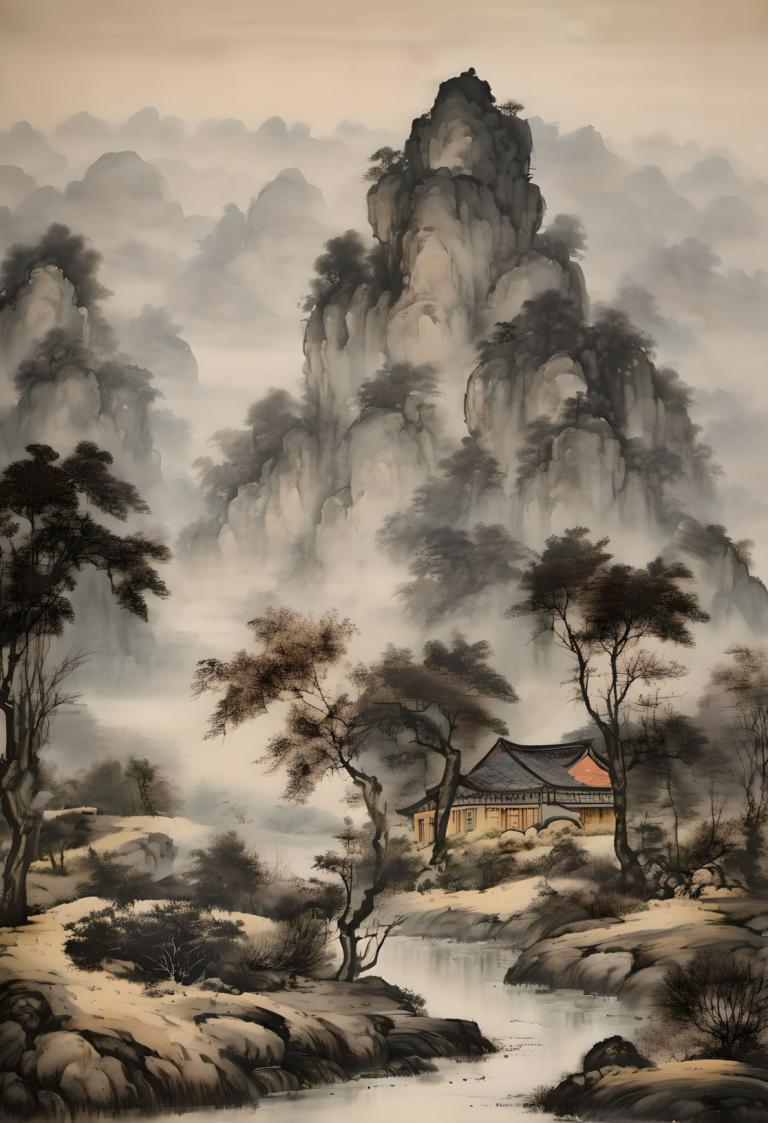 国画,国画, 自然, 风景, 没有人类, 风景, 树, 户外, 自然, 水, 山, 岩石, 多雾路段, 建筑学, 房子, 森林, 河, 东亚建筑, 天空