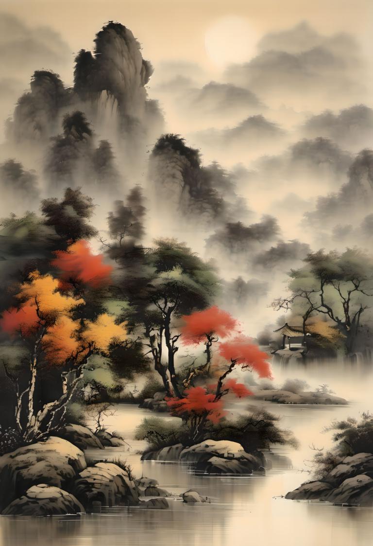 国画,国画, 自然, 风景, 没有人类, 风景, 树, 户外, 水, 山, 云, 天空, 多雾路段, 岩石, 自然, 景观, 建筑学, 叶子, 秋天