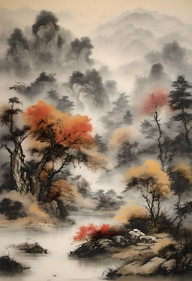 Chinese Paintings,Chinese Paintings, Nature, landscape, no humans, tree, scenery, water, waterfall, fog