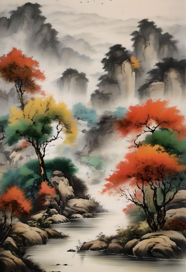 Chinese Paintings,Chinese Paintings, Nature, landscape, no humans, scenery, tree, waterfall, bird, water