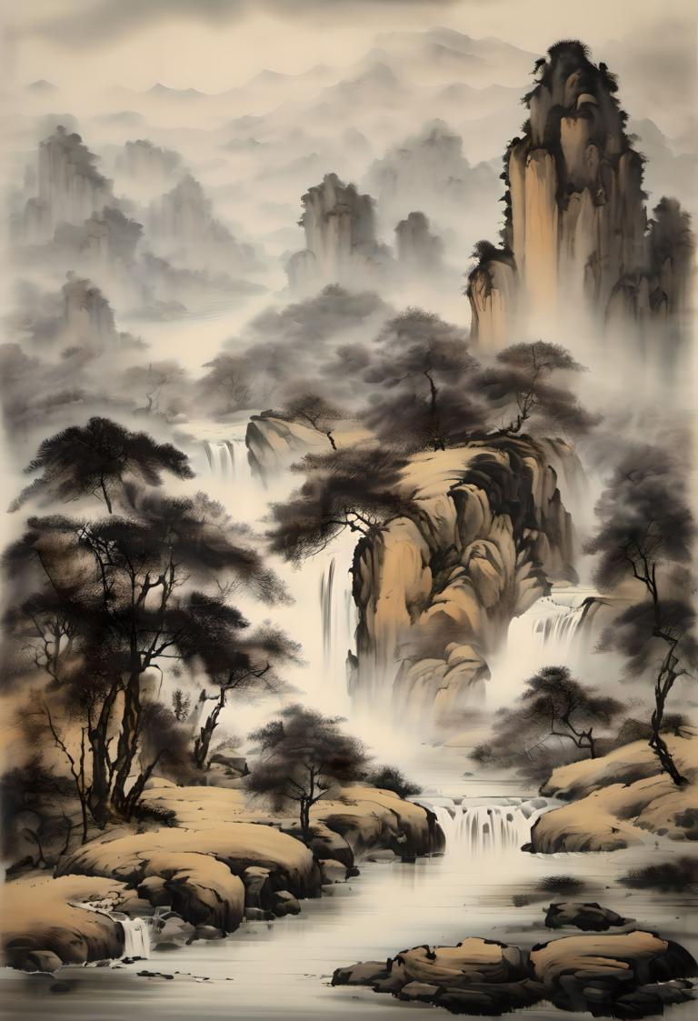 Chinese Paintings,Chinese Paintings, Nature, landscape, no humans, waterfall, scenery, tree, water, fog