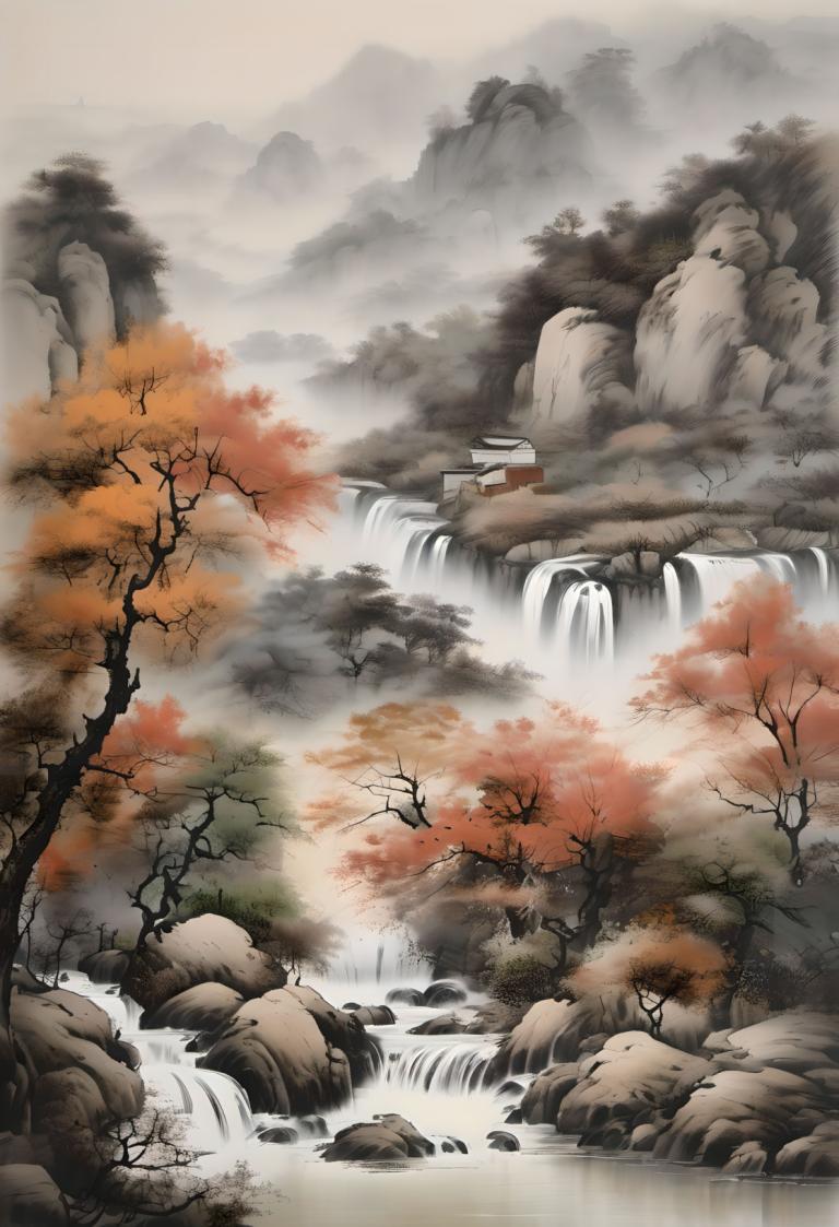 Chinese Paintings,Chinese Paintings, Nature, landscape, no humans, tree, water, scenery, waterfall, river