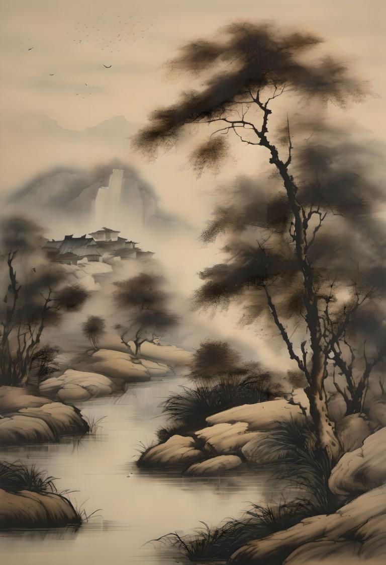 Chinese Paintings,Chinese Paintings, Nature, landscape, no humans, tree, scenery, smoke, outdoors, bird