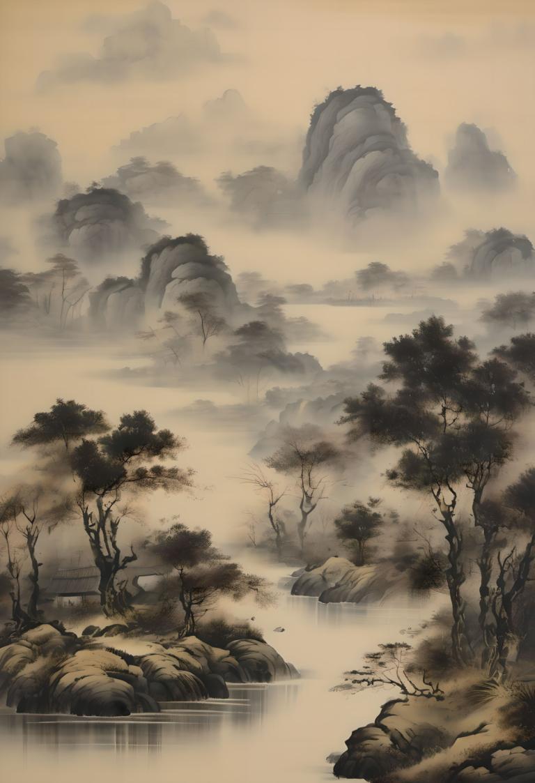 Chinese Paintings,Chinese Paintings, Nature, landscape, no humans, tree, scenery, water, outdoors, river