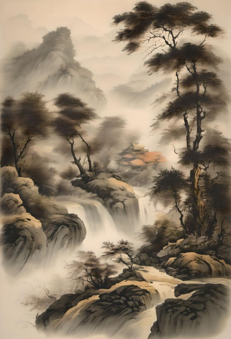 Chinese Paintings,Chinese Paintings, Nature, landscape, no humans, scenery, tree, waterfall, nature, mountain