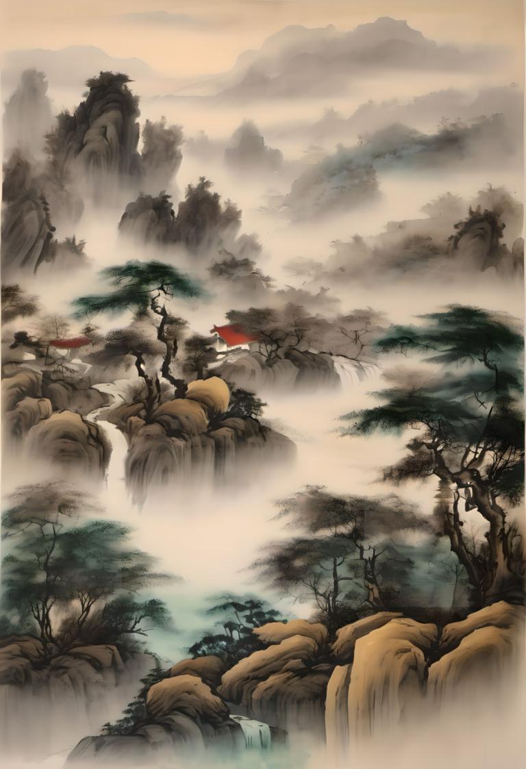 Chinese Paintings,Chinese Paintings, Nature, landscape, no humans, scenery, tree, nature, waterfall, mountain