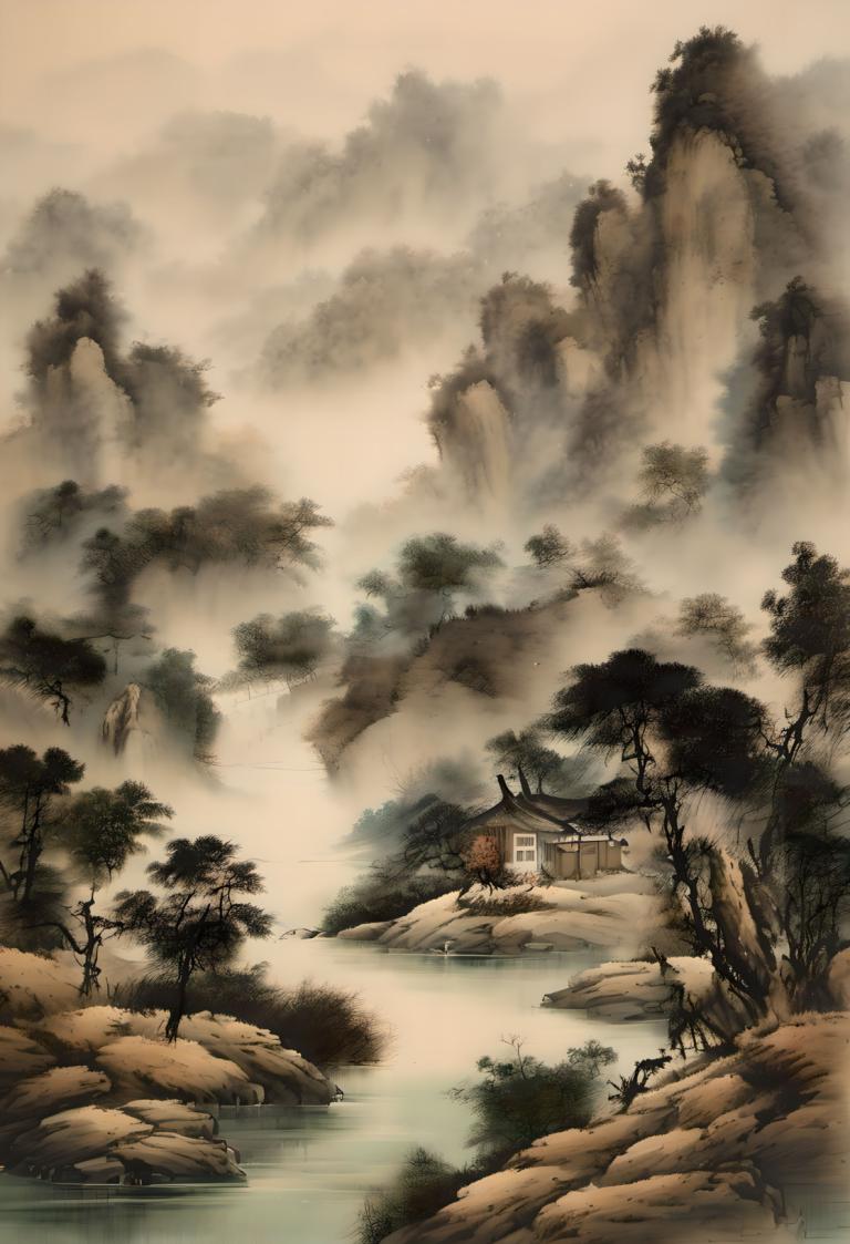 Chinese Paintings,Chinese Paintings, Nature, landscape, no humans, scenery, tree, house, nature, water