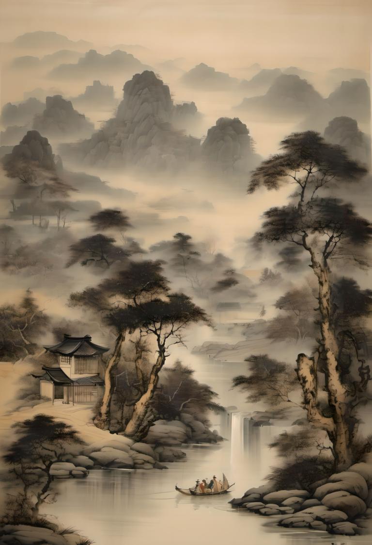 Chinese Paintings,Chinese Paintings, Nature, landscape, tree, scenery, water, waterfall, boat, watercraft