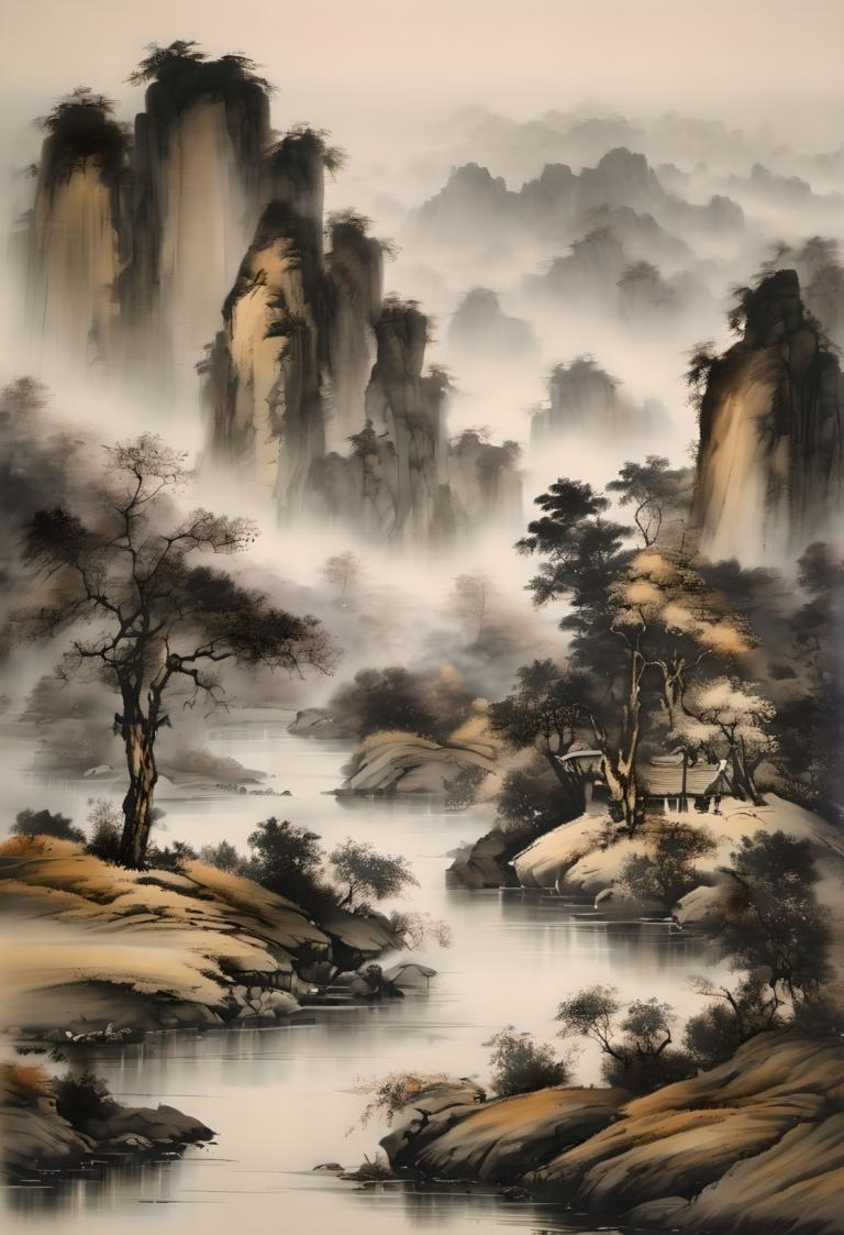 Chinese Paintings,Chinese Paintings, Nature, landscape, no humans, tree, scenery, water, nature, waterfall