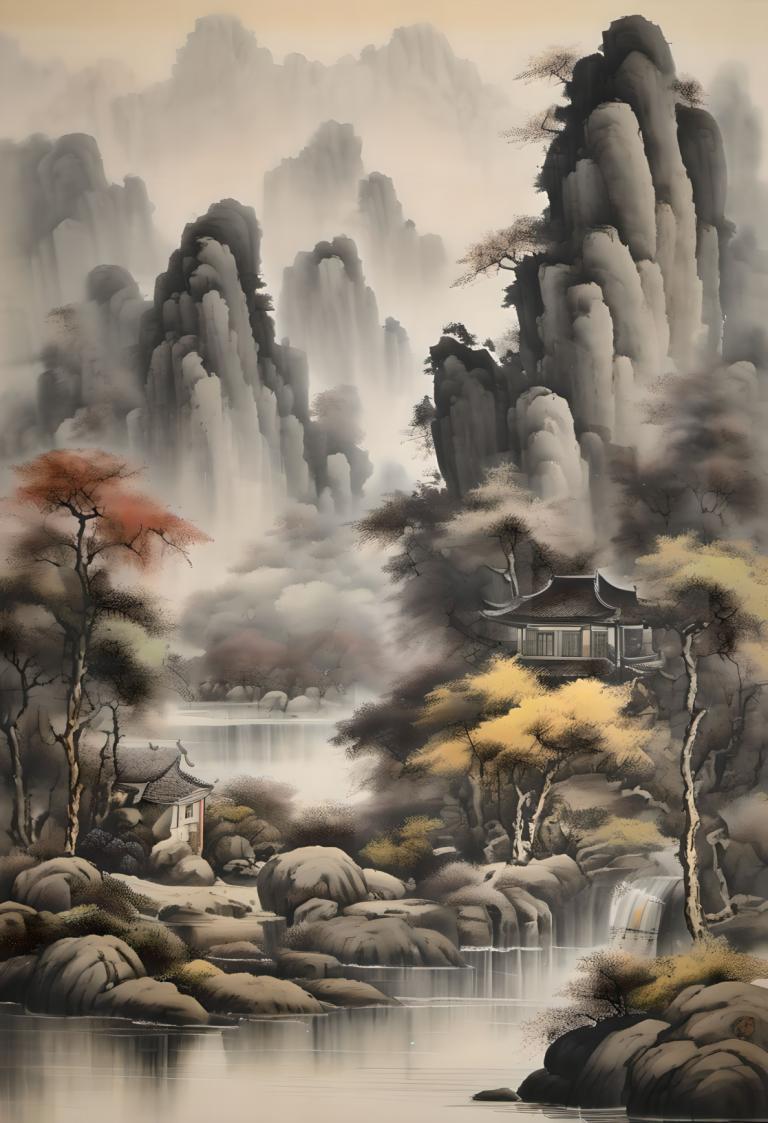 Chinese Paintings,Chinese Paintings, Nature, landscape, no humans, scenery, tree, waterfall, water